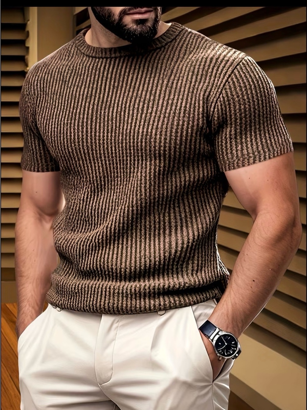 Men's Crewneck Short-Sleeve Ribbed Sweater in Brown